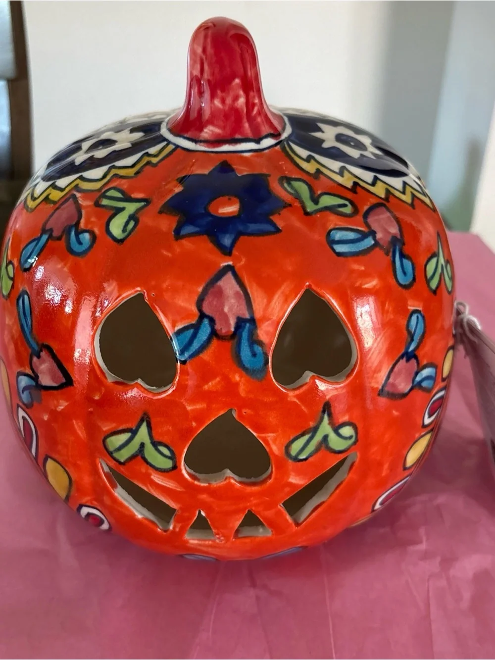 Martha Stewart Pumpkin Candle Holder Folk Talavera Style Jack O Lantern 9”t X 8”